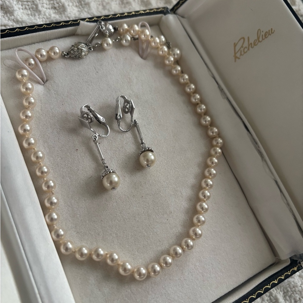 Vintage Richelieu Faux Pearl Necklace and  clip on Earring Set circa 1930’s.